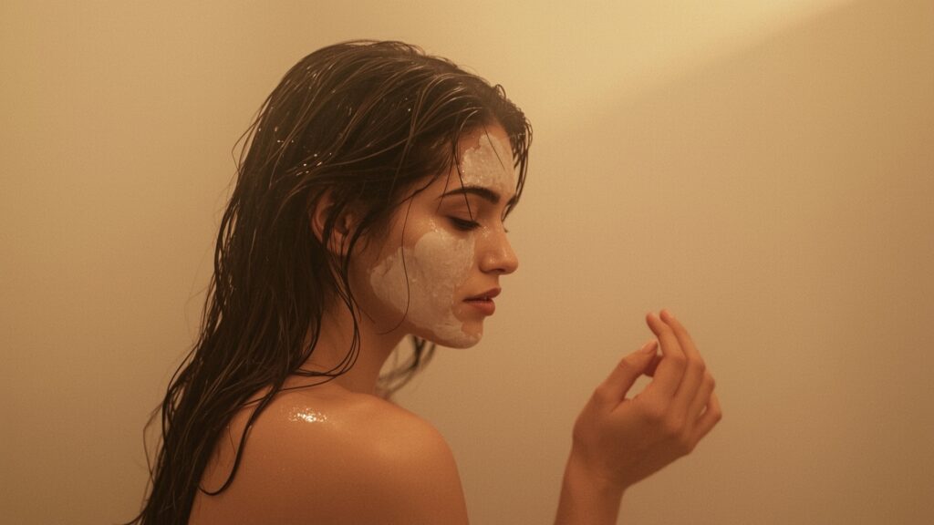 Applying deep conditioning mask to wet hair in shower