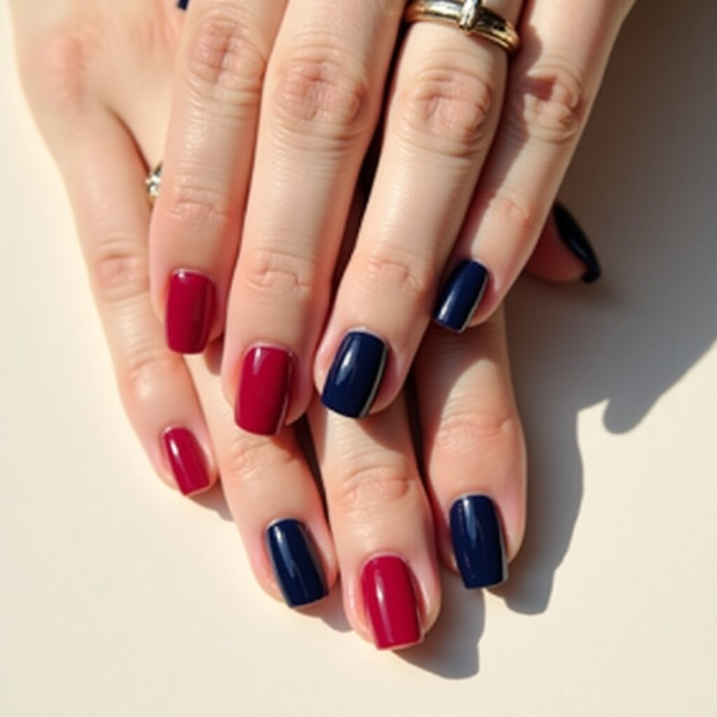 Durable dip powder nails in cherry red and navy