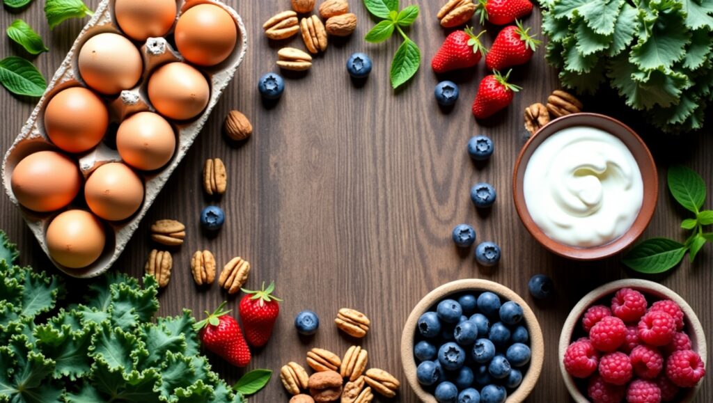 Flat lay of hair growth-friendly foods like eggs, nuts, leafy greens, and berries