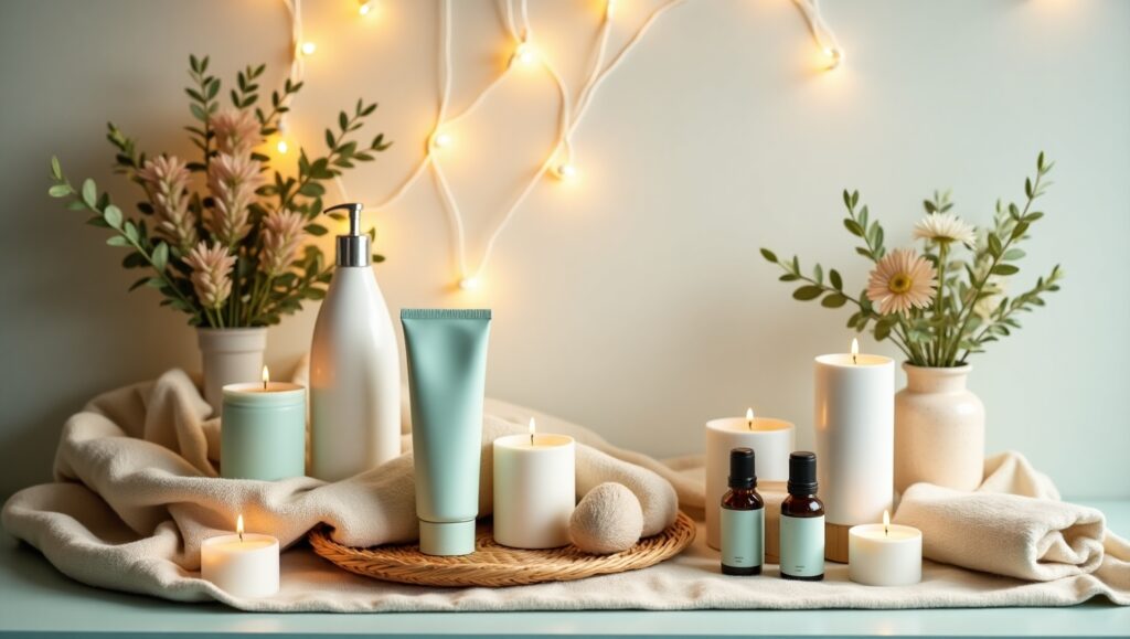 Bright, cozy lifestyle collage – showing food, skincare, home decor, and nature.