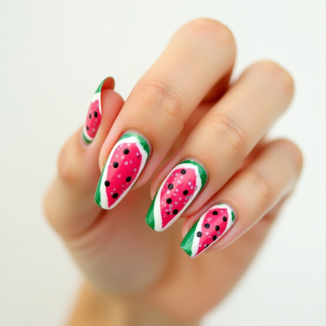 Watermelon-themed Labor Day nails add a fun farewell to summer