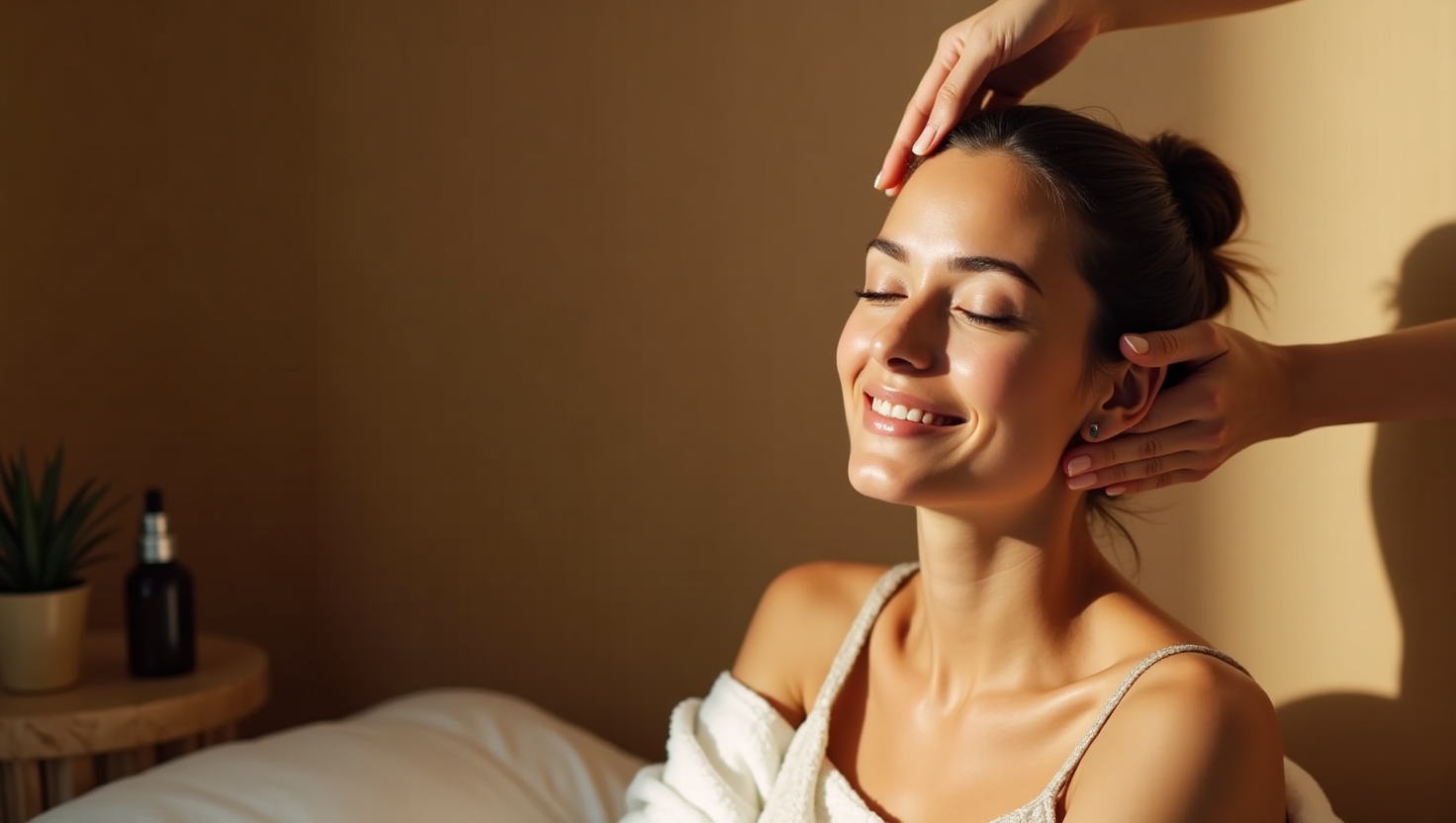 Woman massaging scalp with fingertips using essential oil