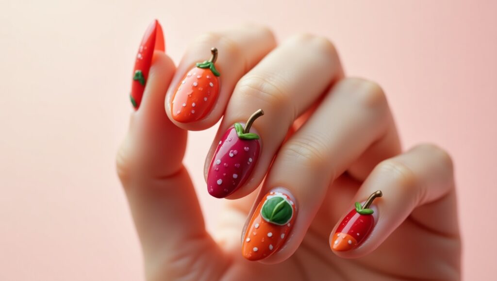 Glossy almond nails topped with adorable fruity 3D art.