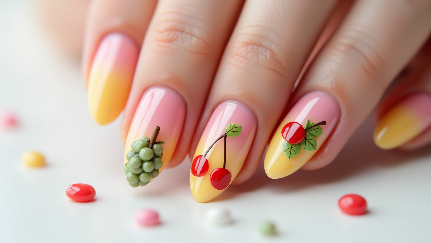 Glossy almond nails topped with adorable fruity 3D art.