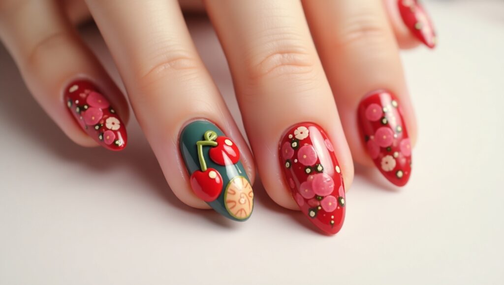 Glossy almond nails topped with adorable fruity 3D art.