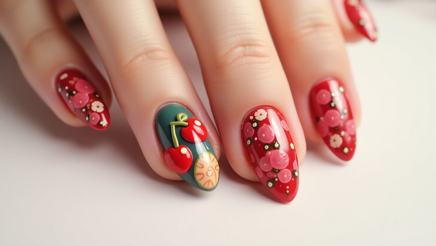 Glossy almond nails topped with adorable fruity 3D art.