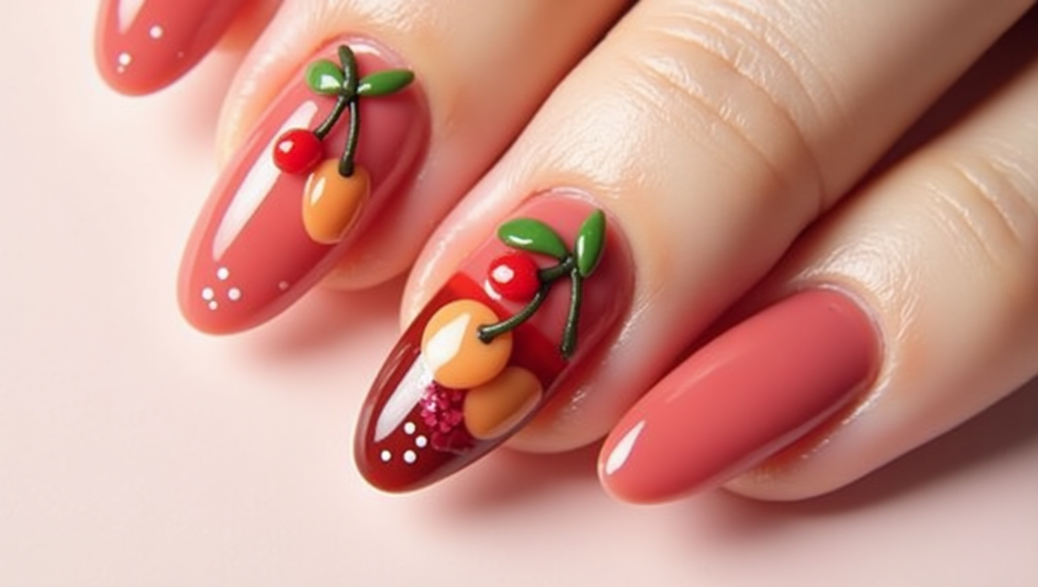 Glossy almond nails topped with adorable fruity 3D art.