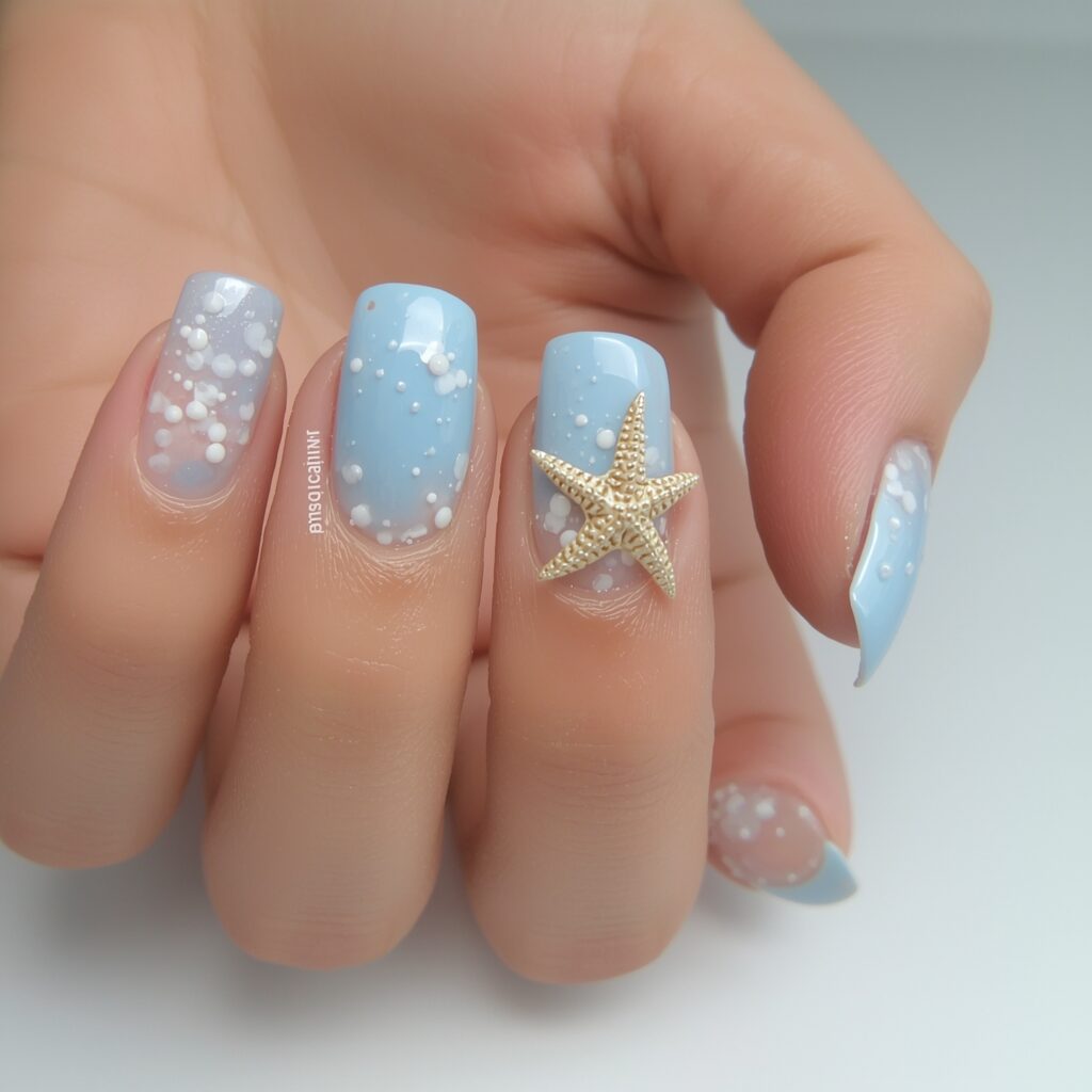 Light blue French manicure topped with starfish details.