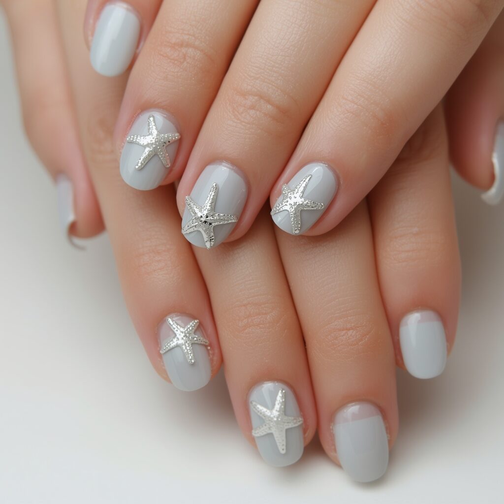 Light blue French manicure topped with starfish details.