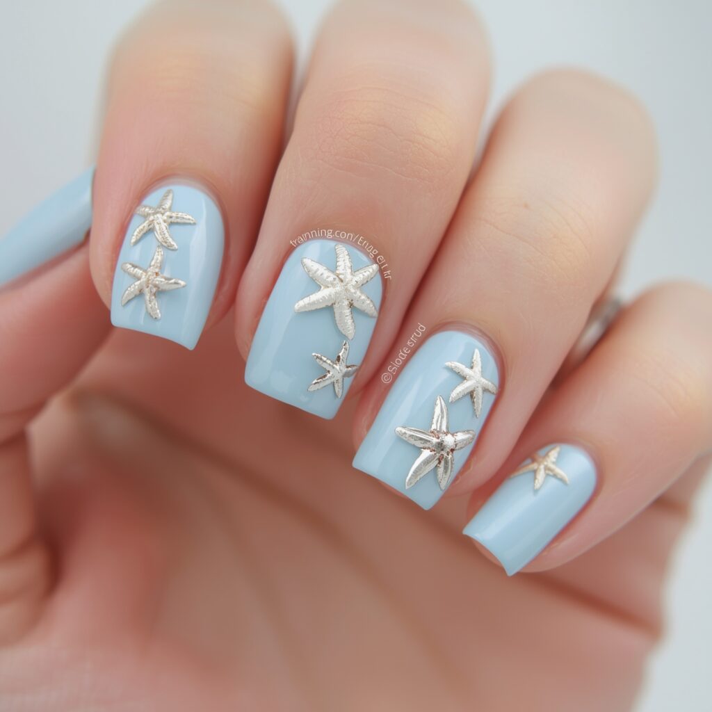 Light blue French manicure topped with starfish details.