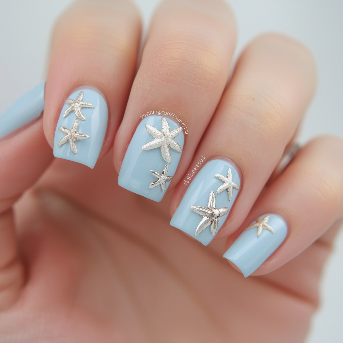 Light blue French manicure topped with starfish details.