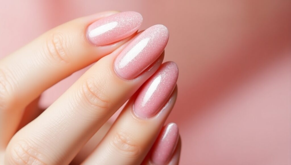 Pink chrome almond nails that radiate soft glam